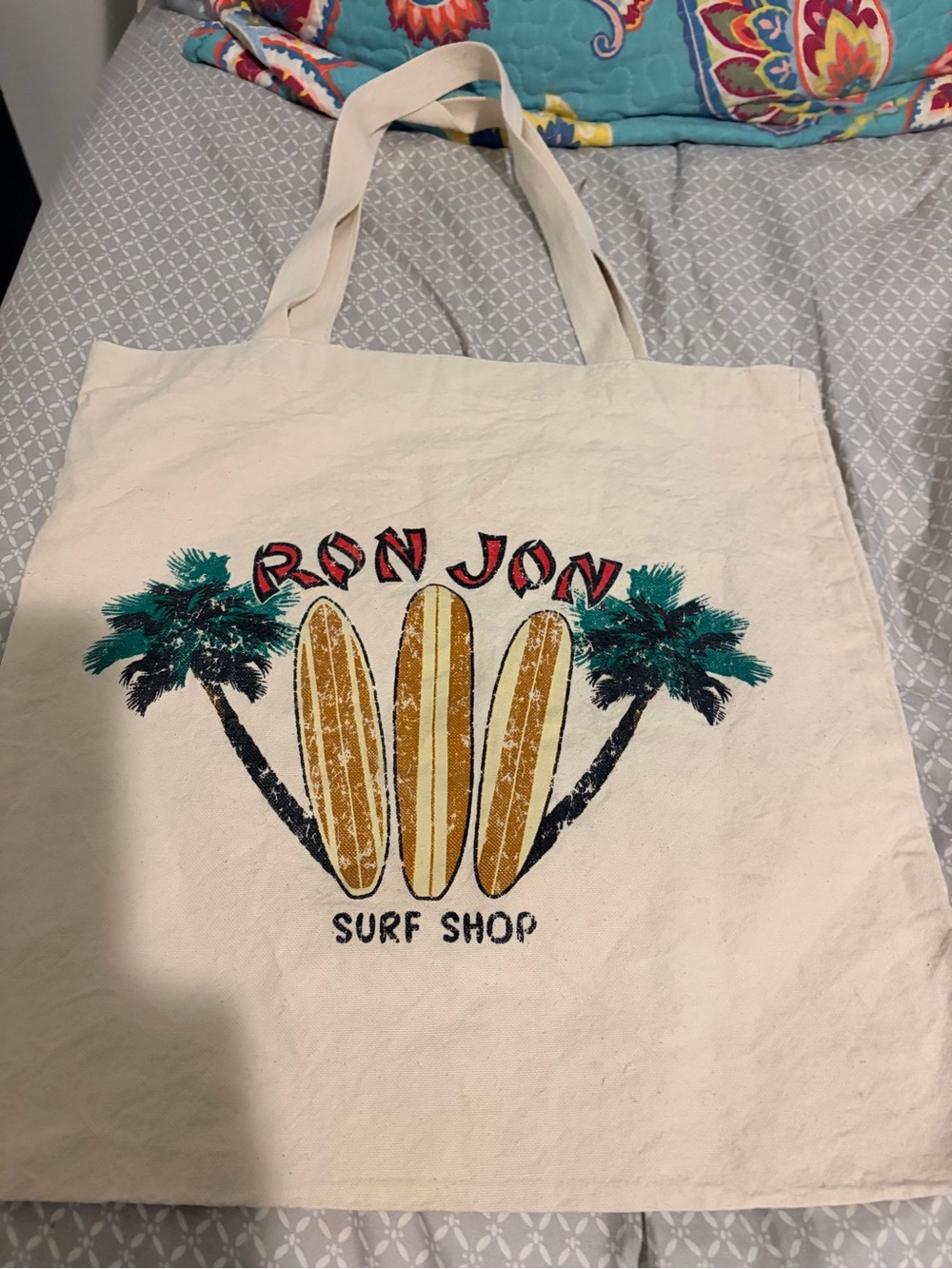 Ron Jon Cream Canvas Tote with Surfboard & Palm Graphic